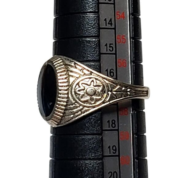 Silver Tone Ring Black Enamel Cabochon Sz 8 Floral - Picture 4 of 5